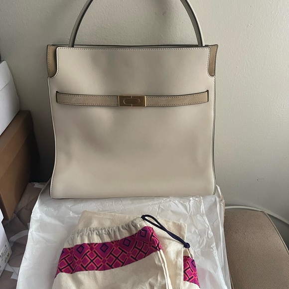 Tory Burch Small Lee Radziwill Leather and Suede Double Bag in Cream - Picture 2 of 15